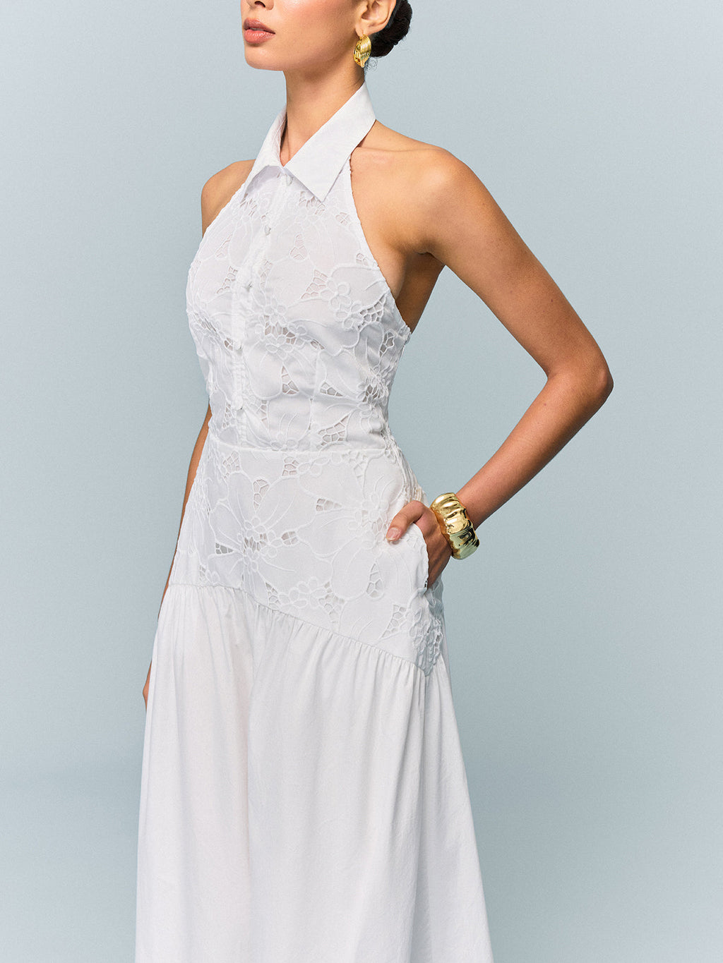 Pocketed Halter Neck Dress with Embroidery, No Belt