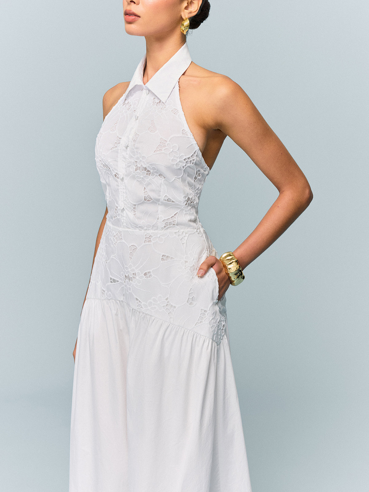 Pocketed Halter Neck Dress with Embroidery, No Belt