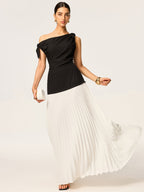 Asymmetric Maxi Dress with Pleats and Bow Accents