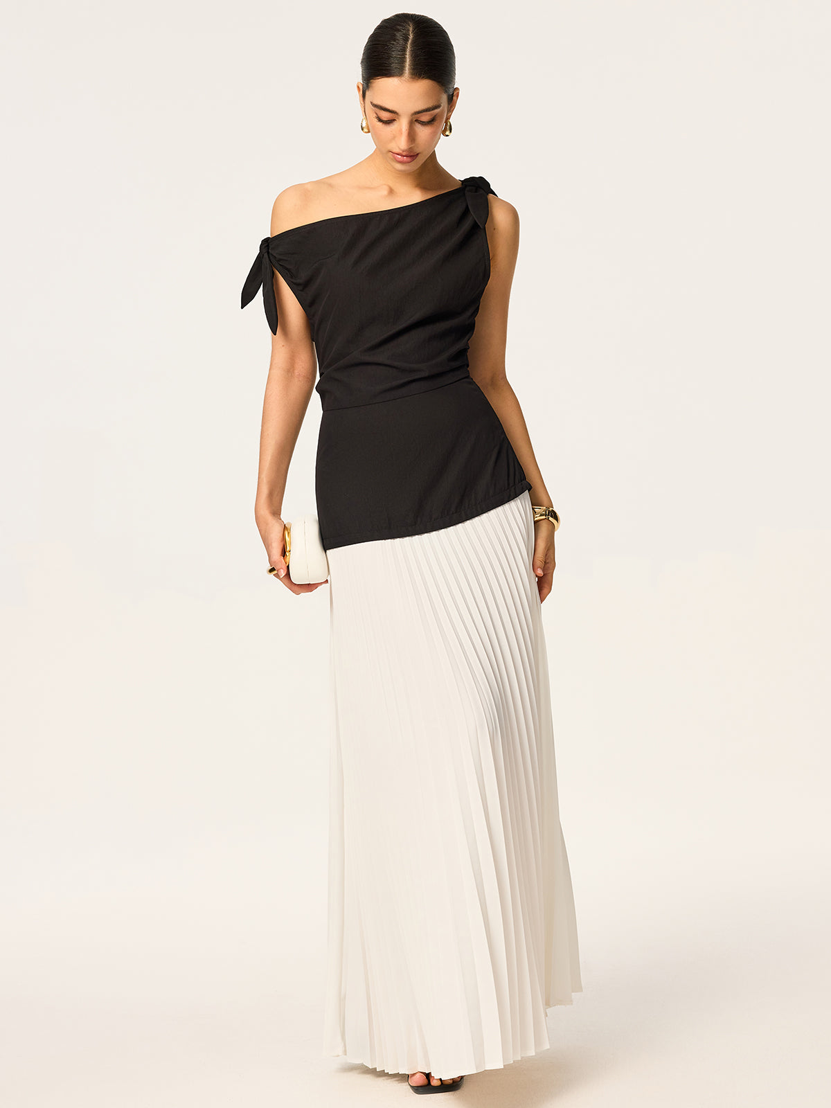 Asymmetrical Maxi Dress with Pleats and Bow Accents