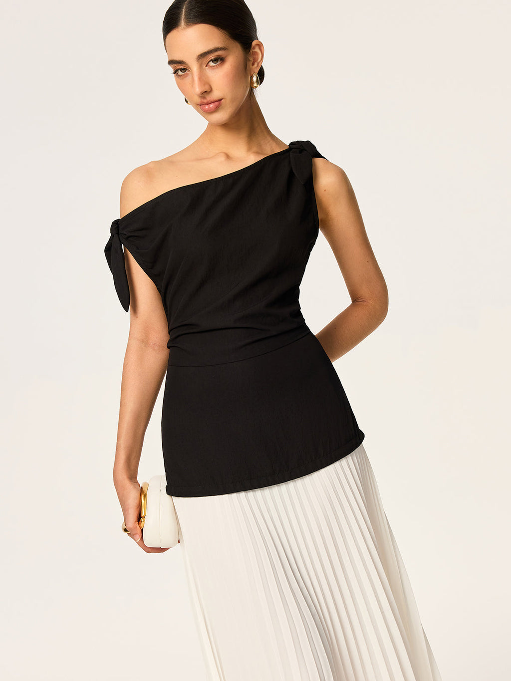 Asymmetrical Maxi Dress with Pleats and Bow Accents