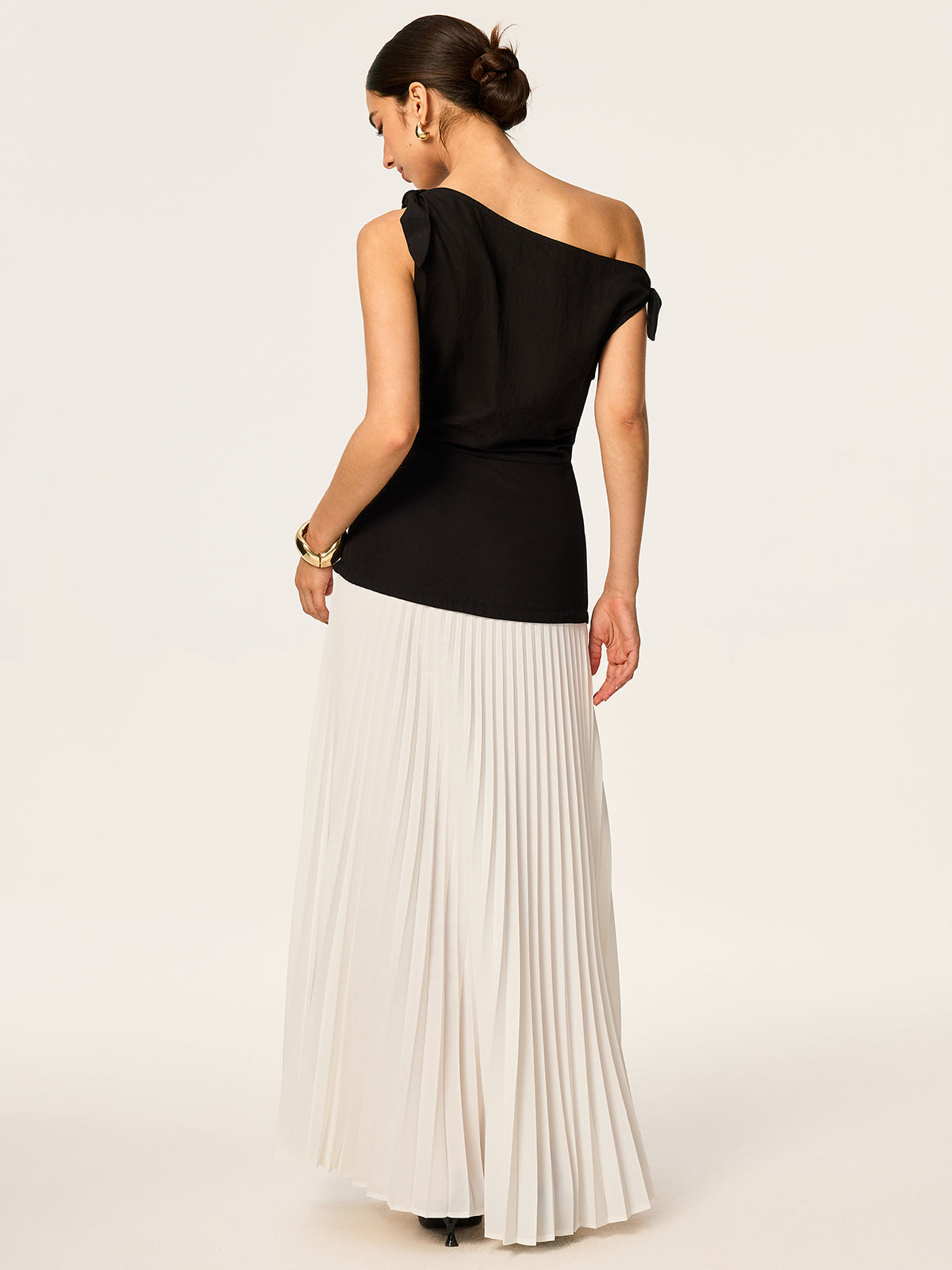 Asymmetric Maxi Dress with Pleats and Bow Accents