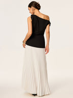 Asymmetrical Maxi Dress with Pleats and Bow Accents