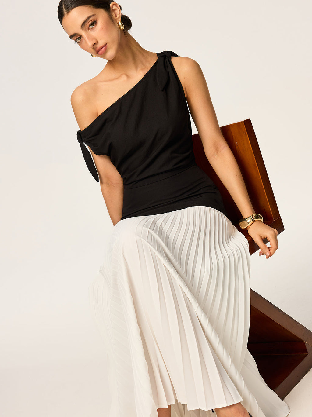 Asymmetric Maxi Dress with Pleats and Bow Accents