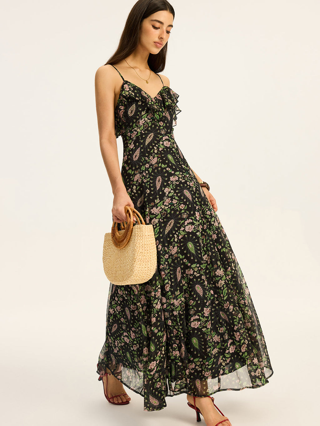 Floral Pattern Chiffon Maxi Dress with Sleeves