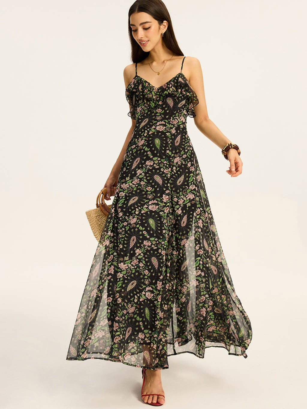 Flowery Chiffon Maxi Dress with Print Design
