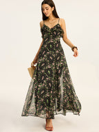 Flowery Chiffon Maxi Dress with Print Design