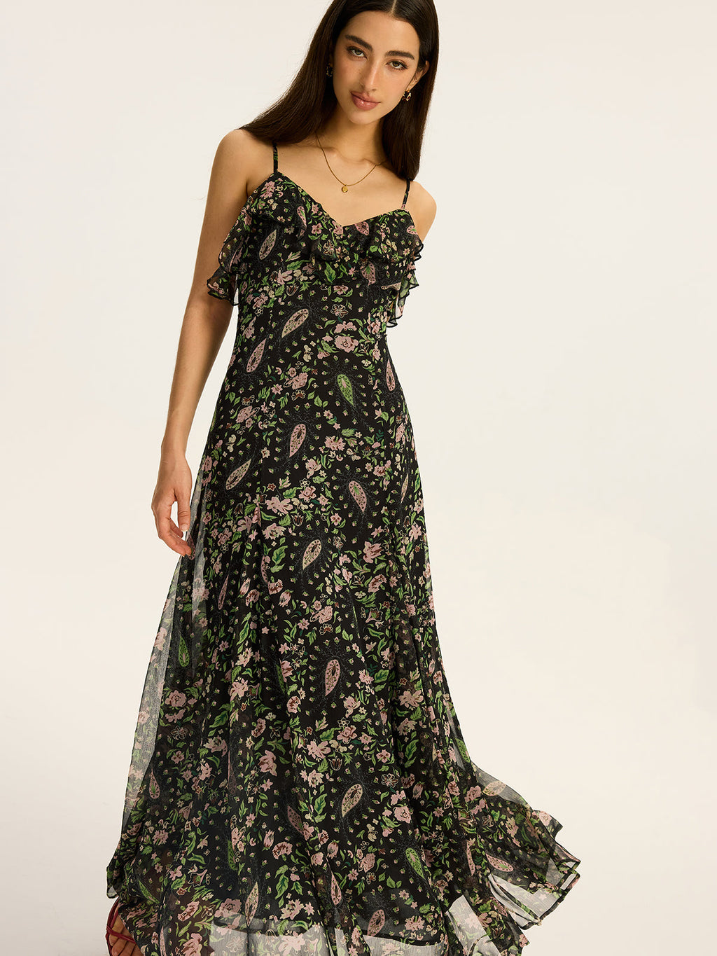 Floral Pattern Chiffon Maxi Dress with Sleeves