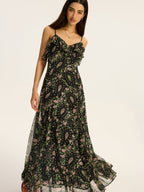 Floral Pattern Chiffon Maxi Dress with Sleeves