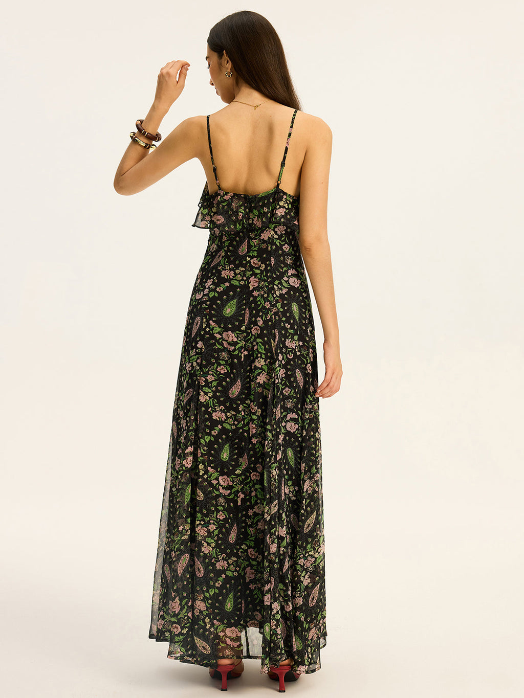 Floral Pattern Chiffon Maxi Dress with Sleeves