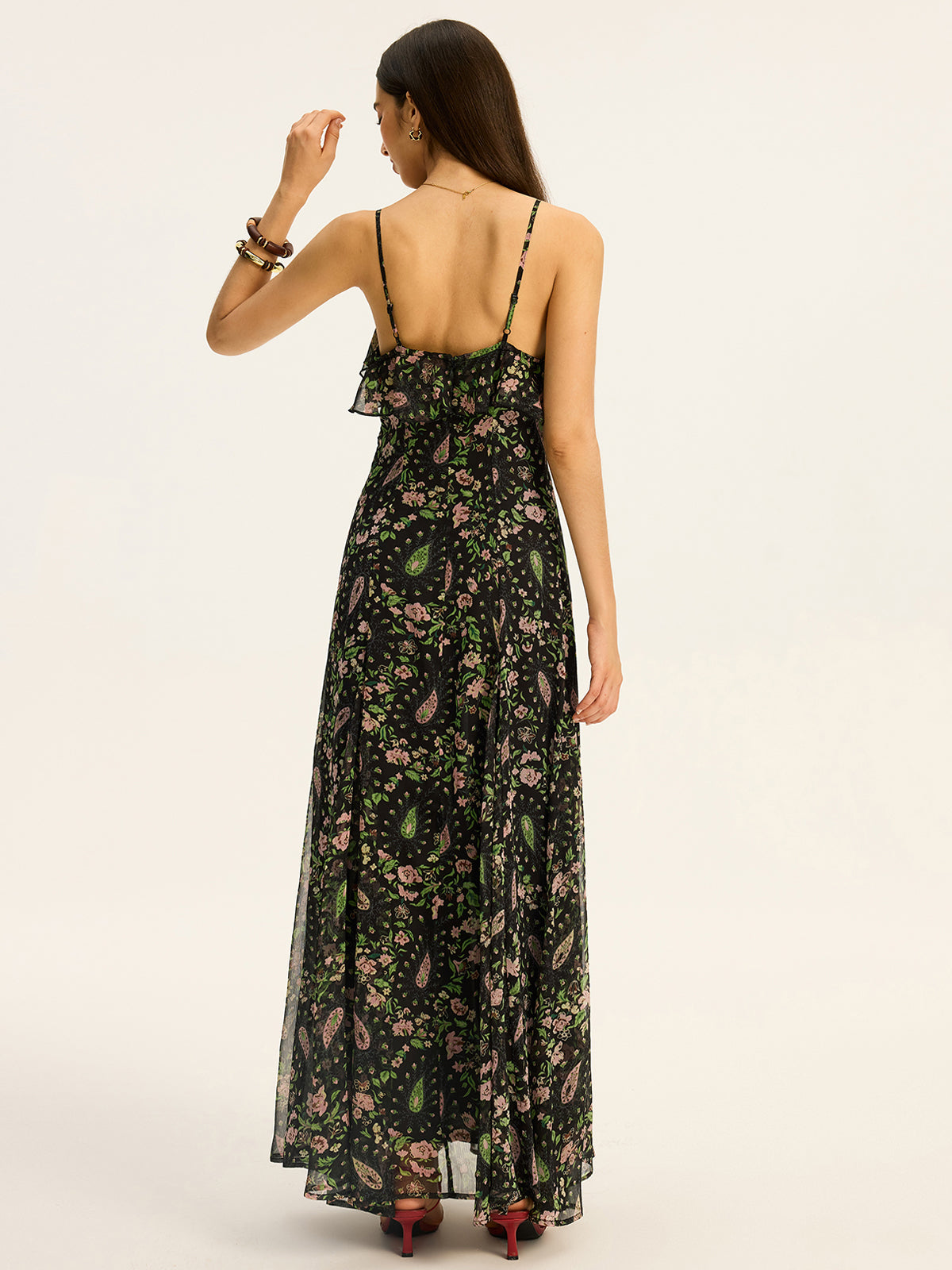 Floral Pattern Chiffon Maxi Dress with Sleeves