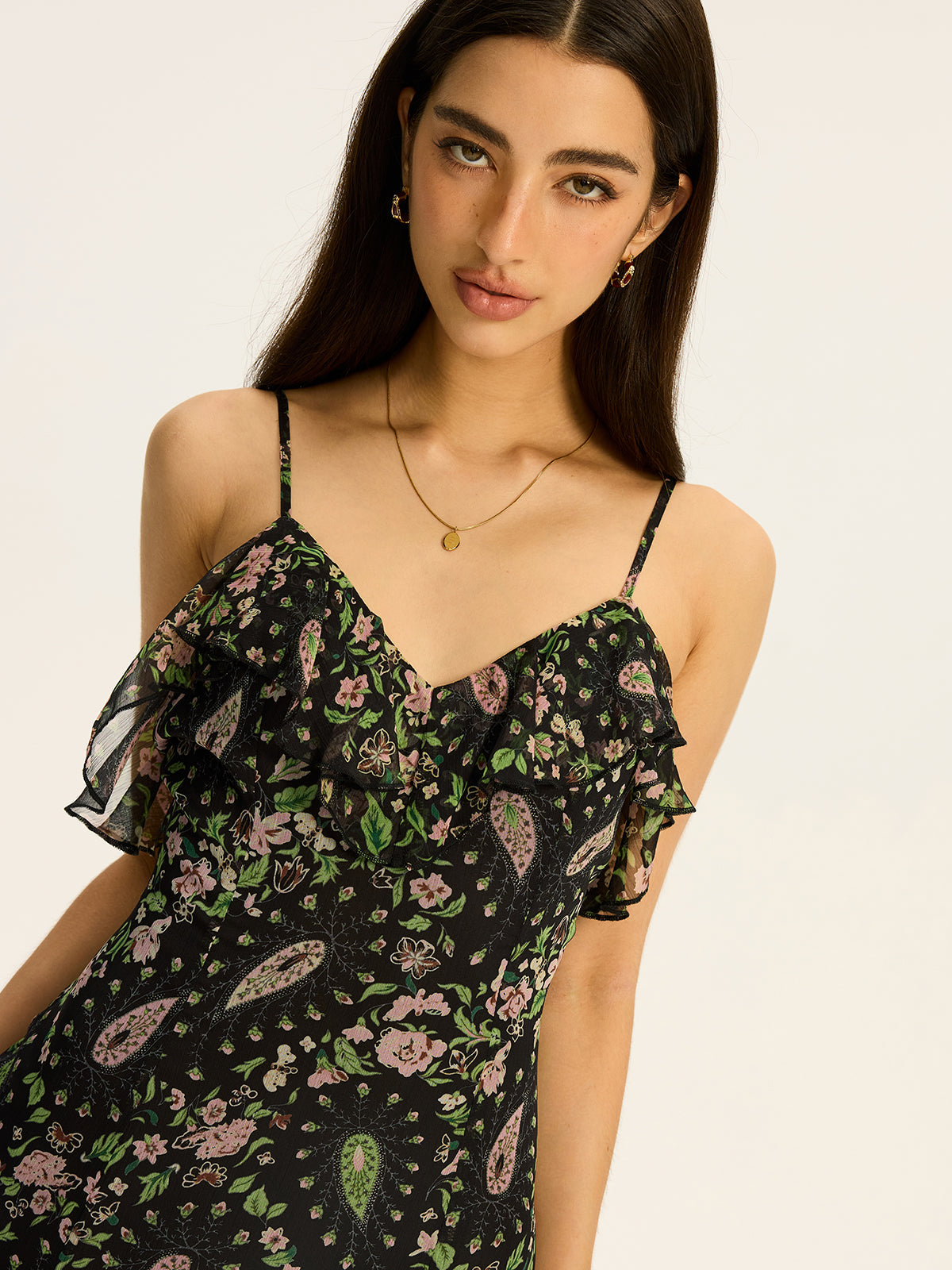 Floral Pattern Chiffon Maxi Dress with Sleeves