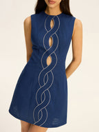 Linen and Cotton Cut-Out Mini Dress with Contrast Stitching
