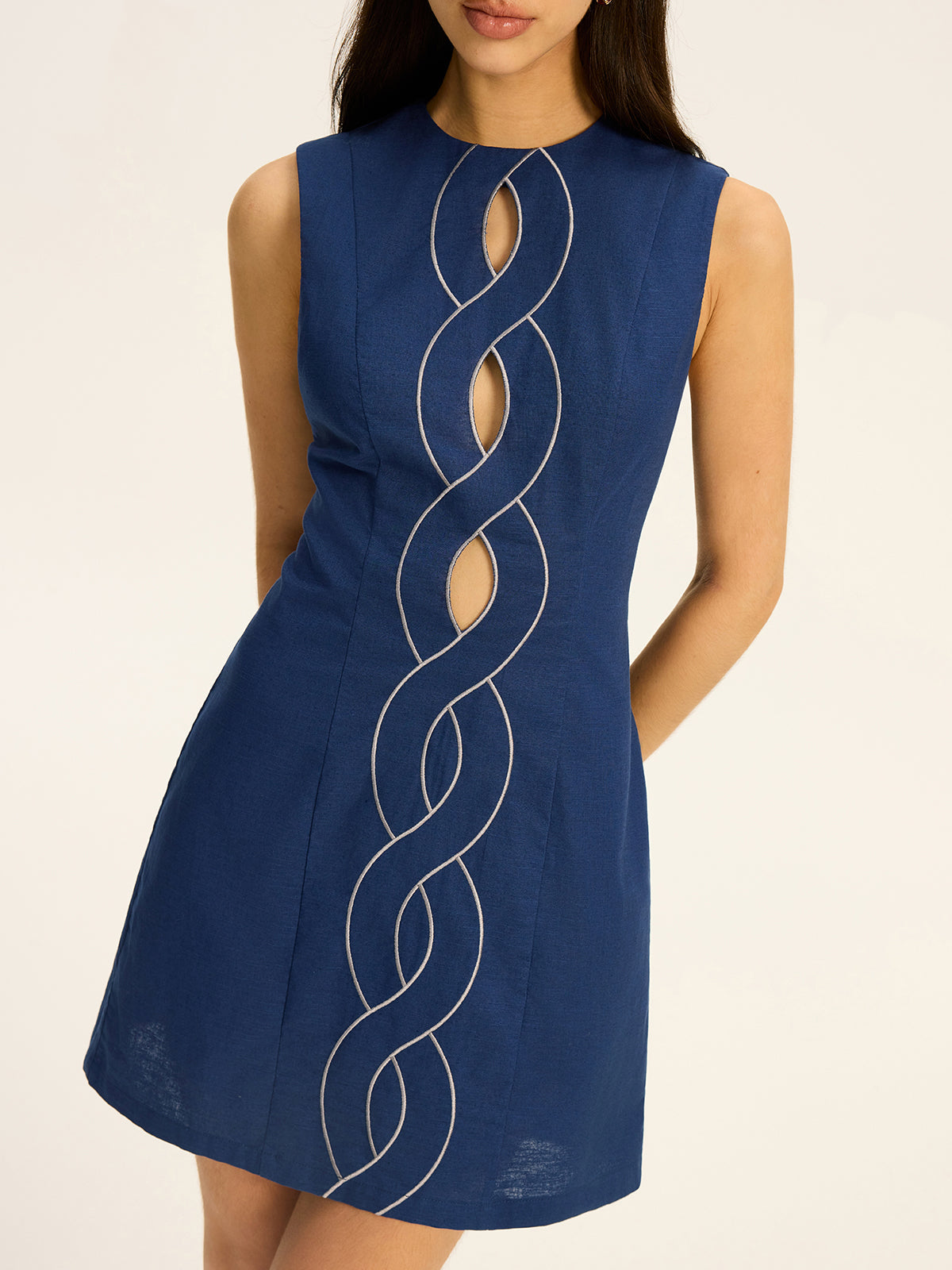 Linen and Cotton Cut-Out Mini Dress with Contrast Stitching