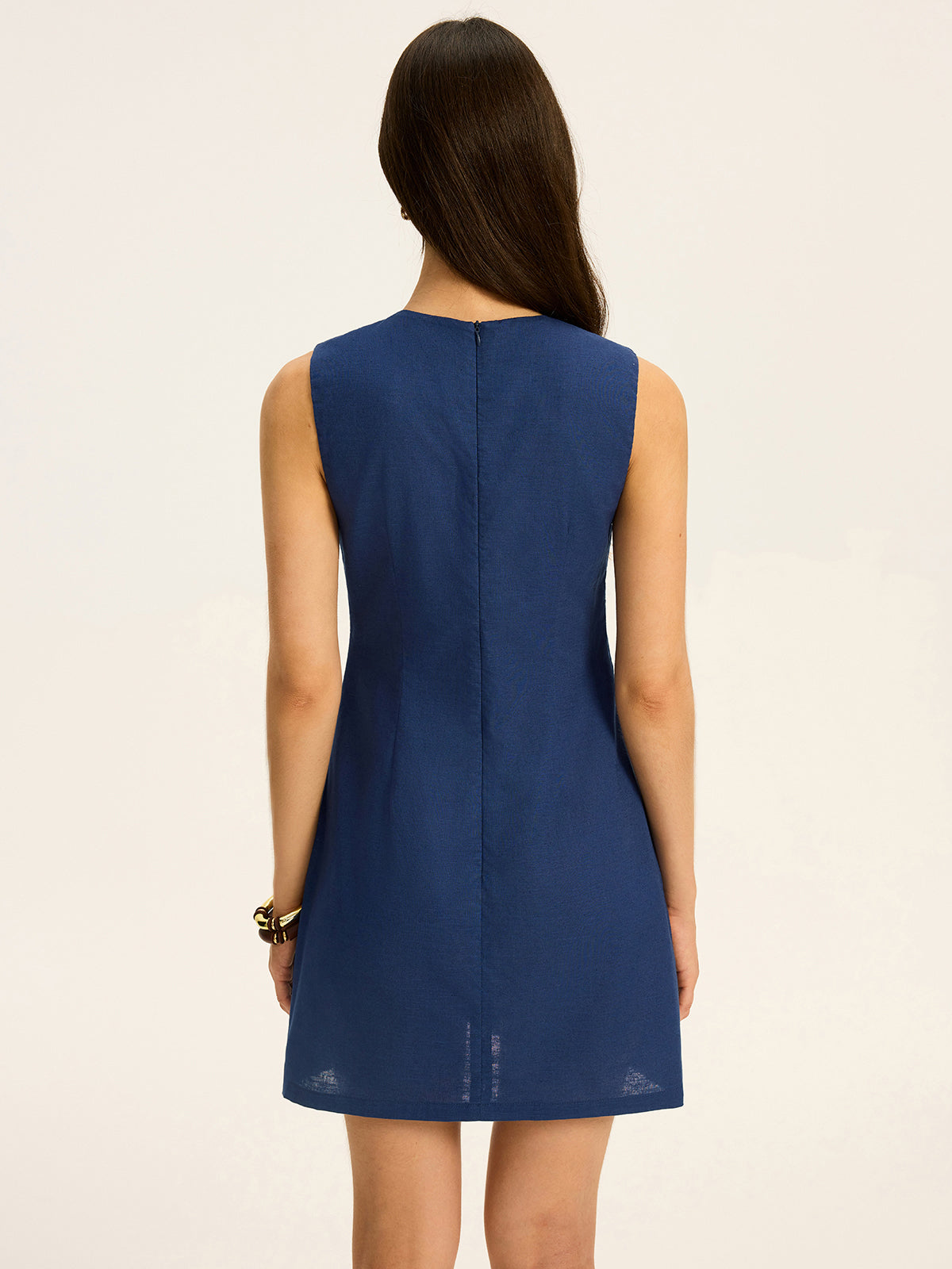 Linen and Cotton Cut-Out Mini Dress with Contrast Stitching
