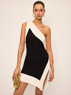 One-Shoulder Color Block Knit Dress