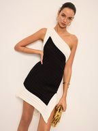 One-Shoulder Knit Dress in Bold Color Block Design