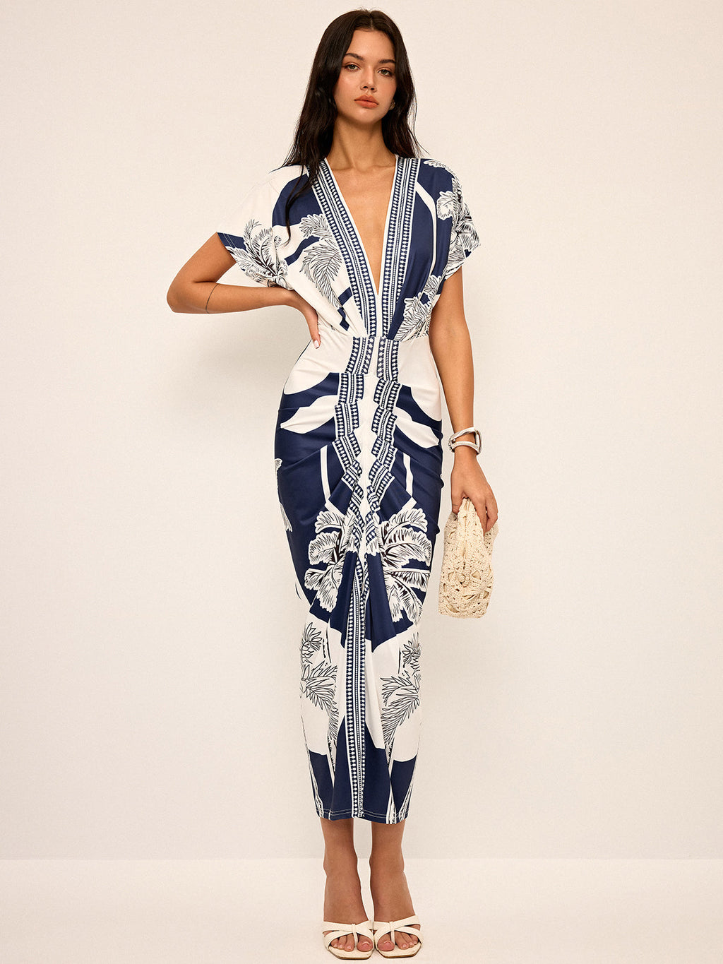 Deep V-Neck Midi Dress with Print, No Belt