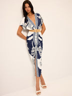 Deep V-Neck Midi Dress Print - No Belt