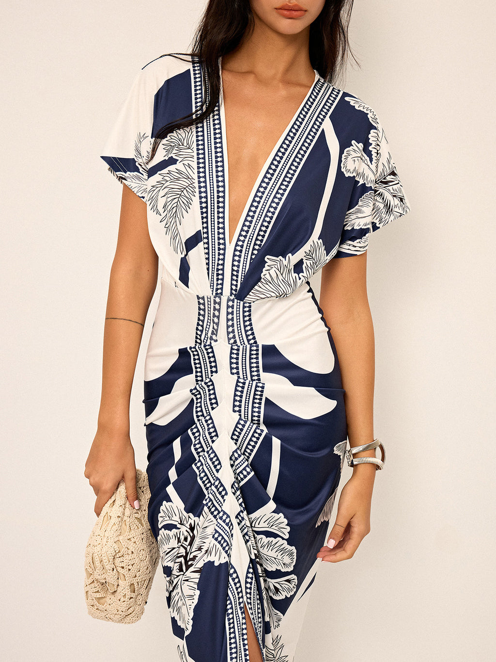 Deep V-Neck Midi Dress with Print, No Belt