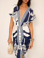 Deep V-Neck Midi Dress Without Belt - Printed