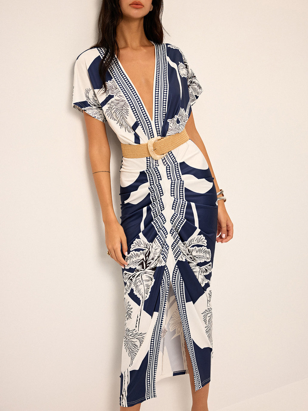 Deep V-Neck Midi Dress Without Belt