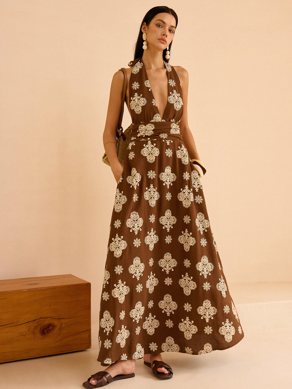 Floral Halter Maxi Dress with Pockets