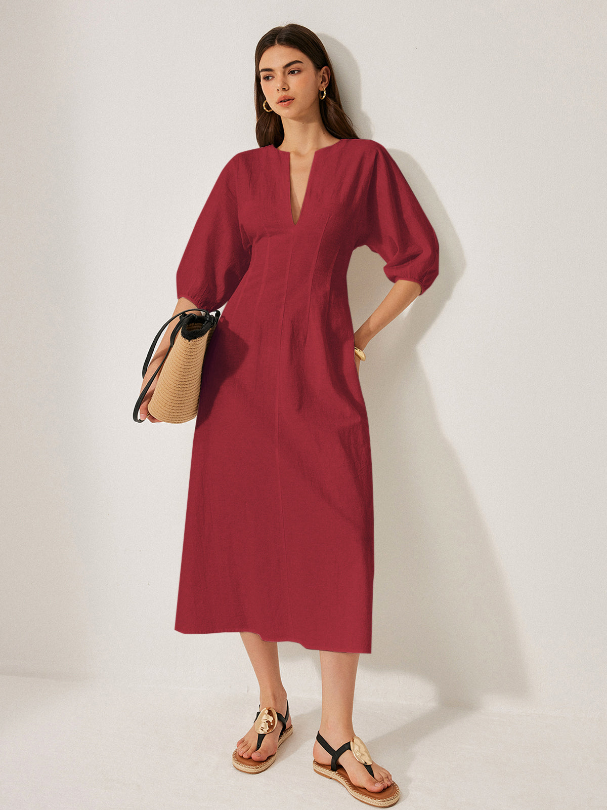 Cotton and Linen Dress with Puff Sleeves