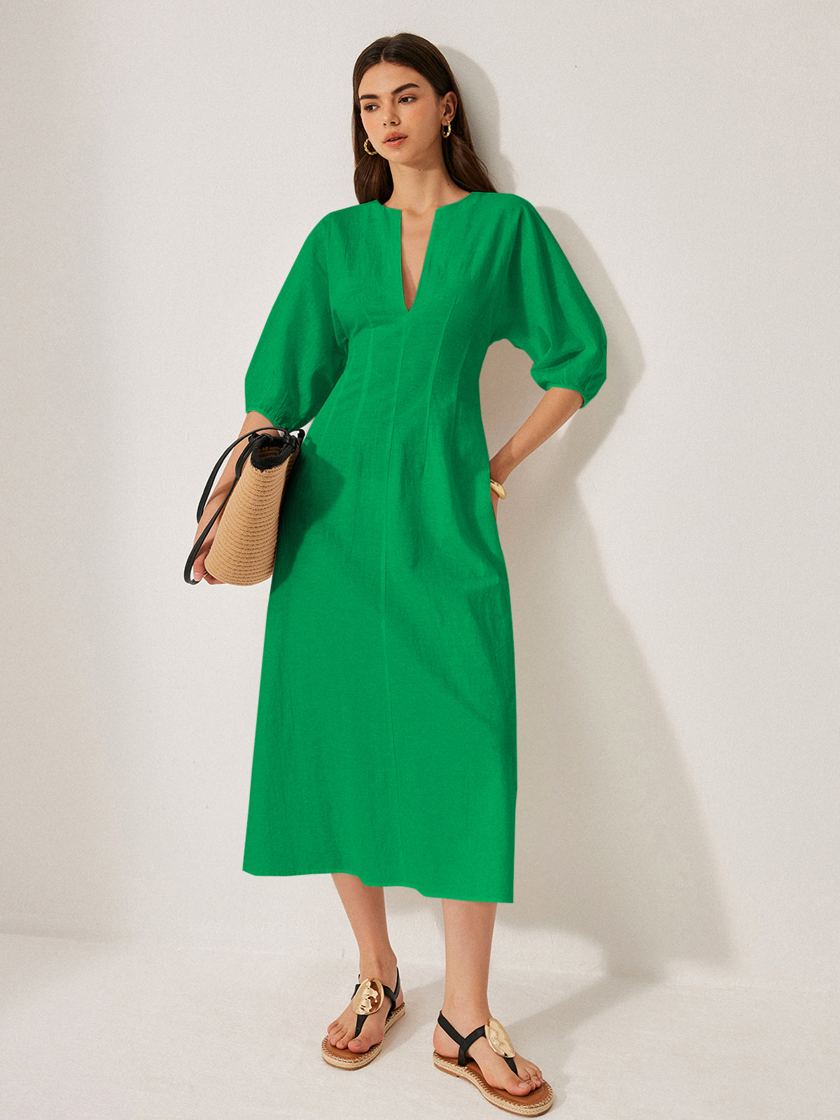 Cotton and Linen Dress with Puff Sleeves