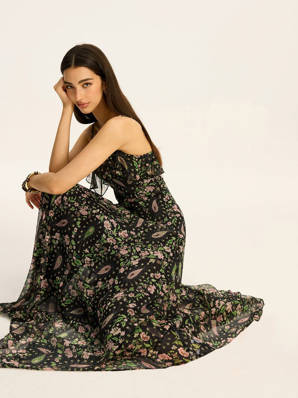 Flowery Chiffon Maxi Dress with Print Design