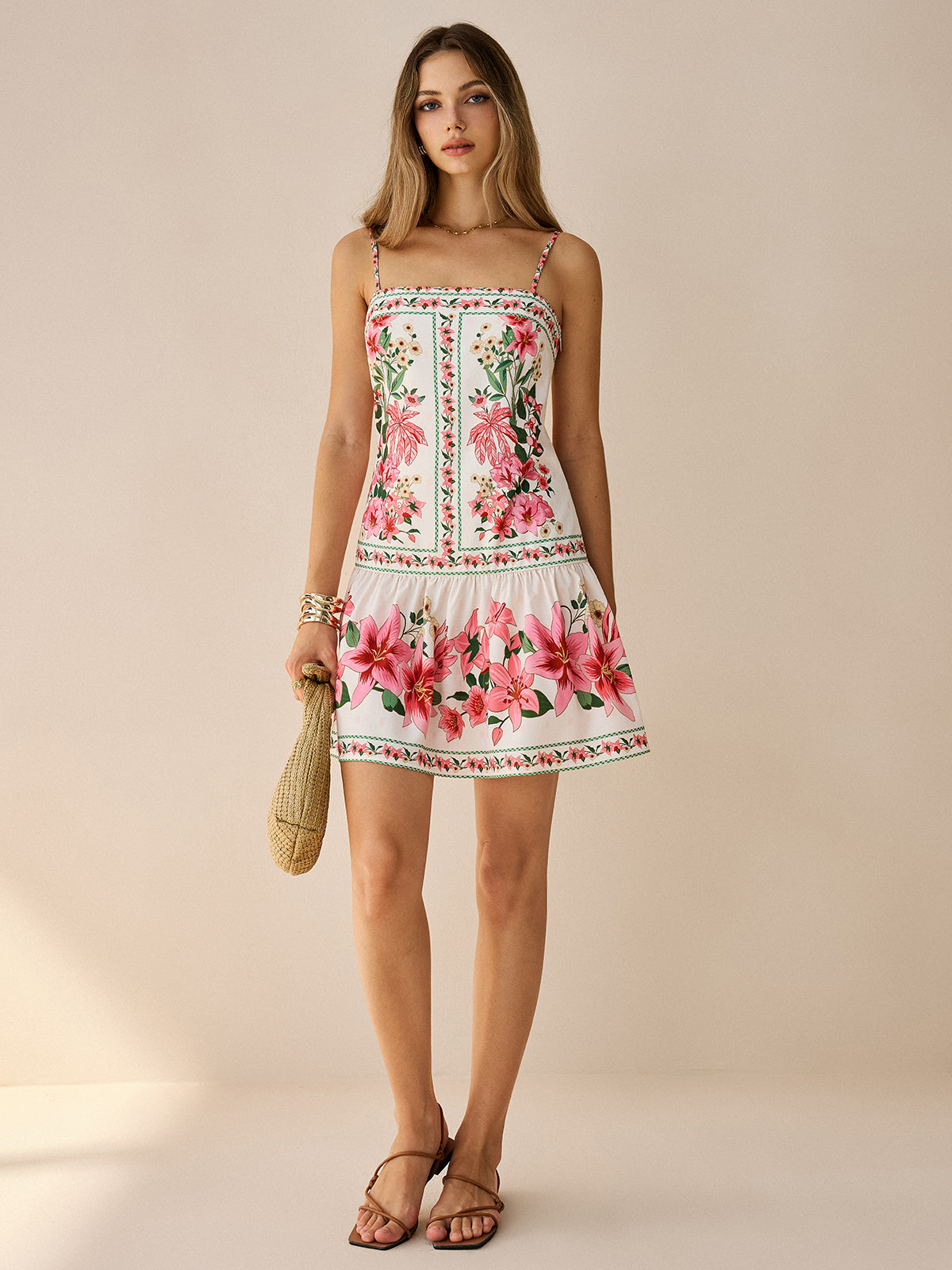 Spaghetti Strap Mini Dress with Floral Design