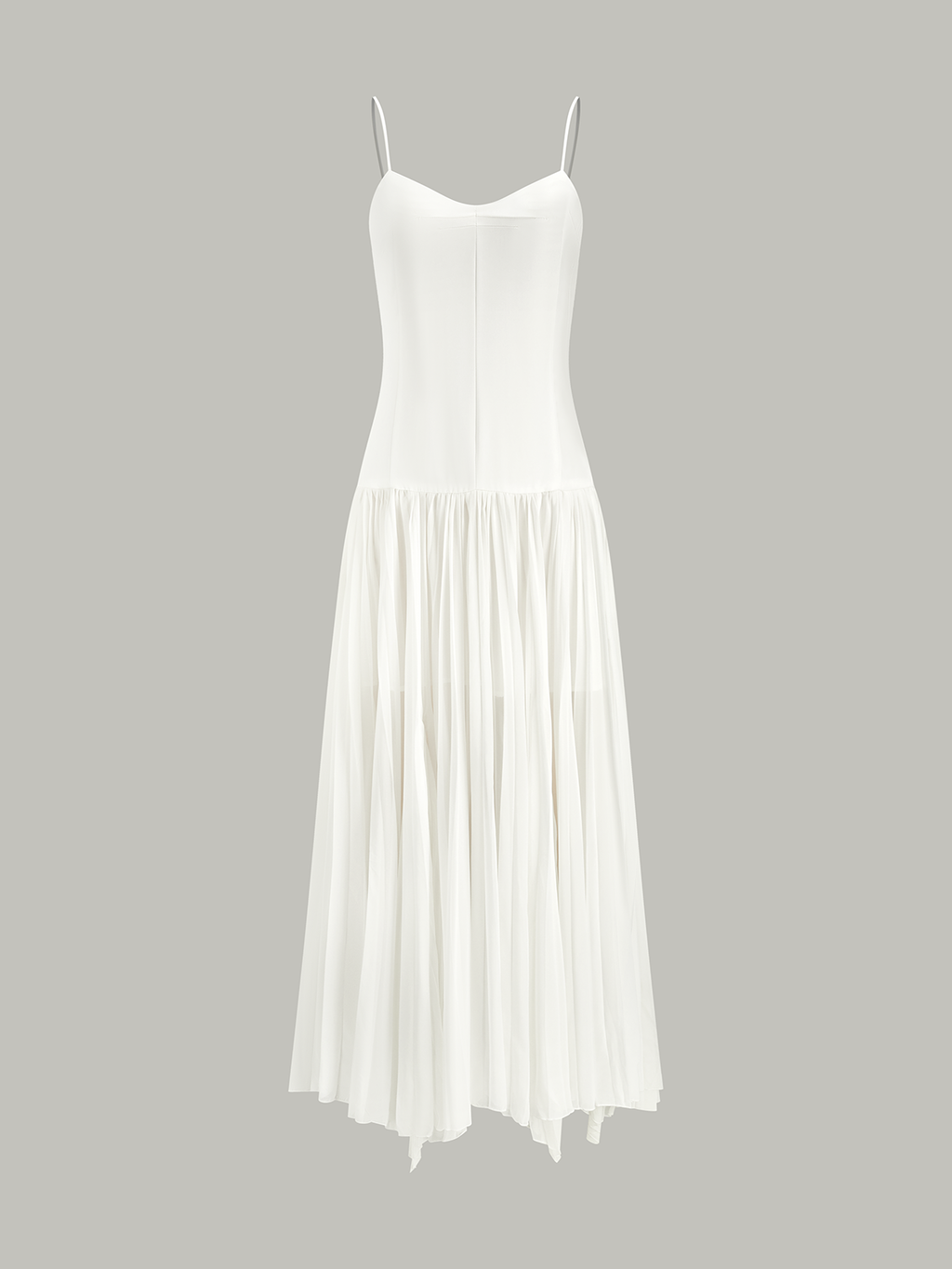 Semi-Sheer Pleated Maxi Dress with High-Low Hem