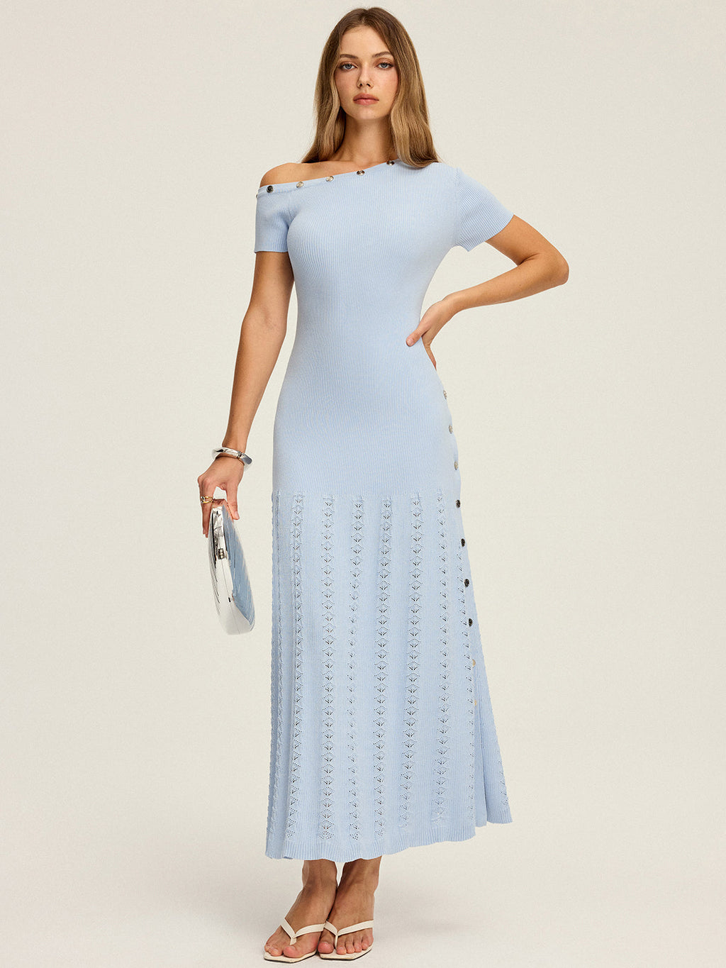 One-Shoulder Knit Maxi with Elegant Button Details