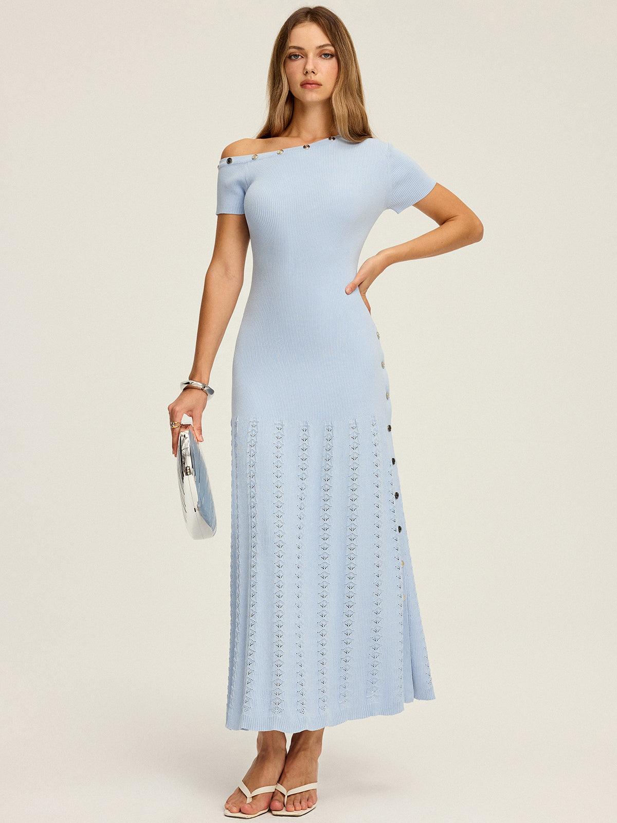 One-Shoulder Knit Maxi with Elegant Button Details