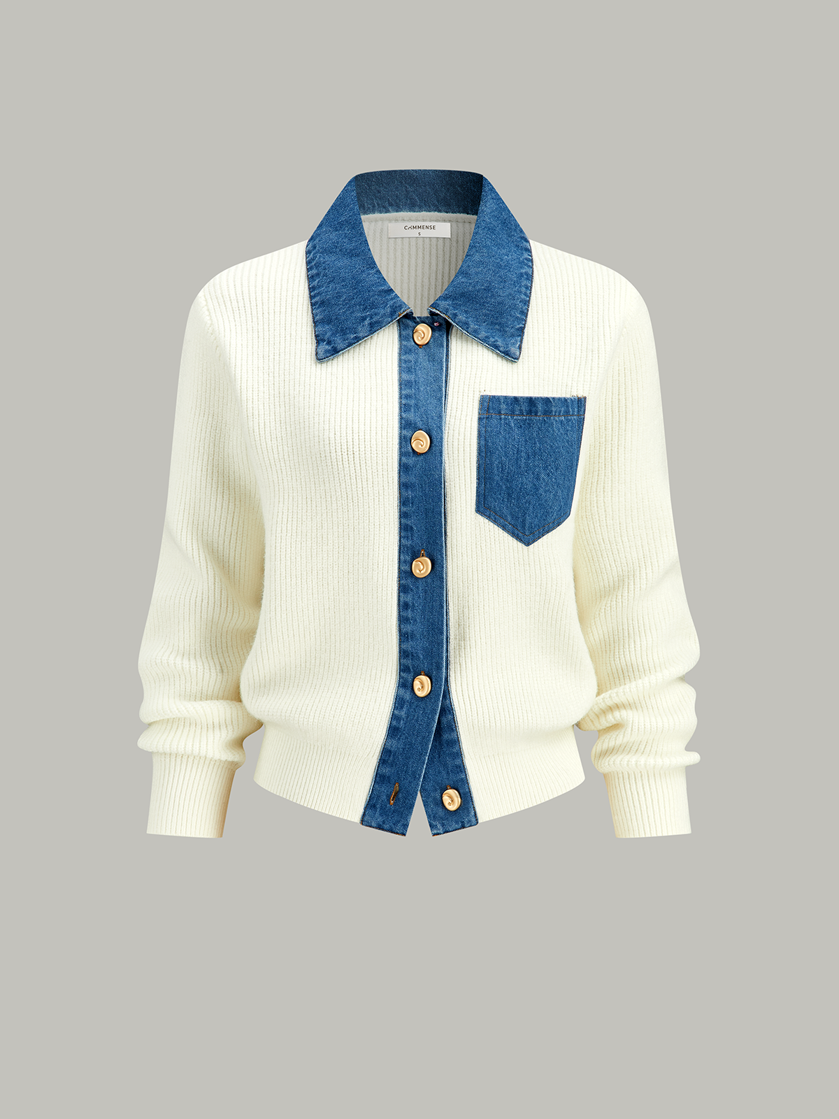 Denim Accent Button-Front Knit Cardigan