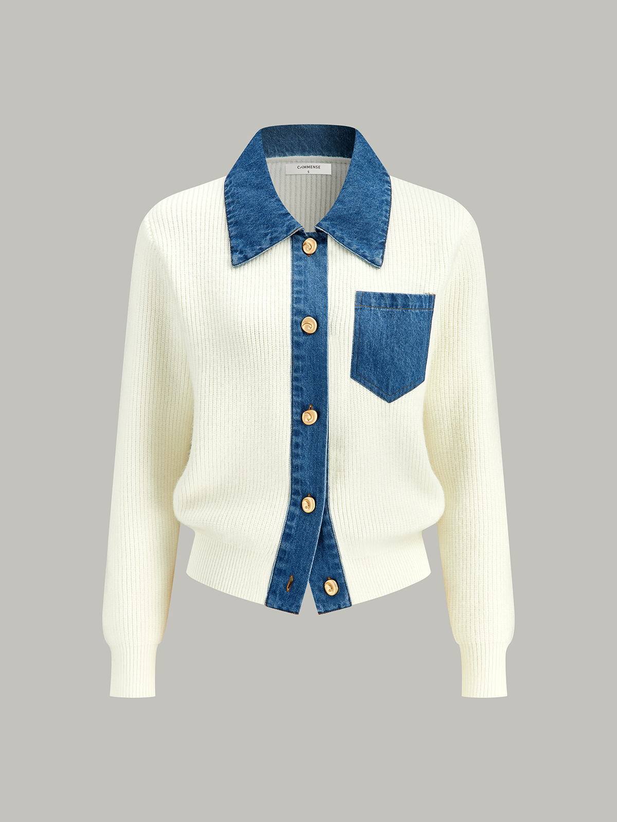 Denim Accent Button-Front Knit Cardigan