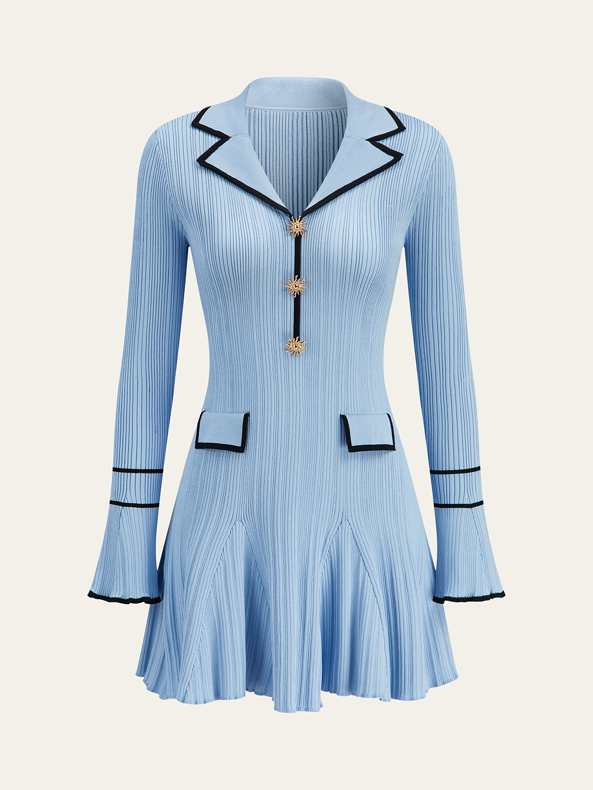 Lapel Neck Knit Dress with Contrast Trim Detail