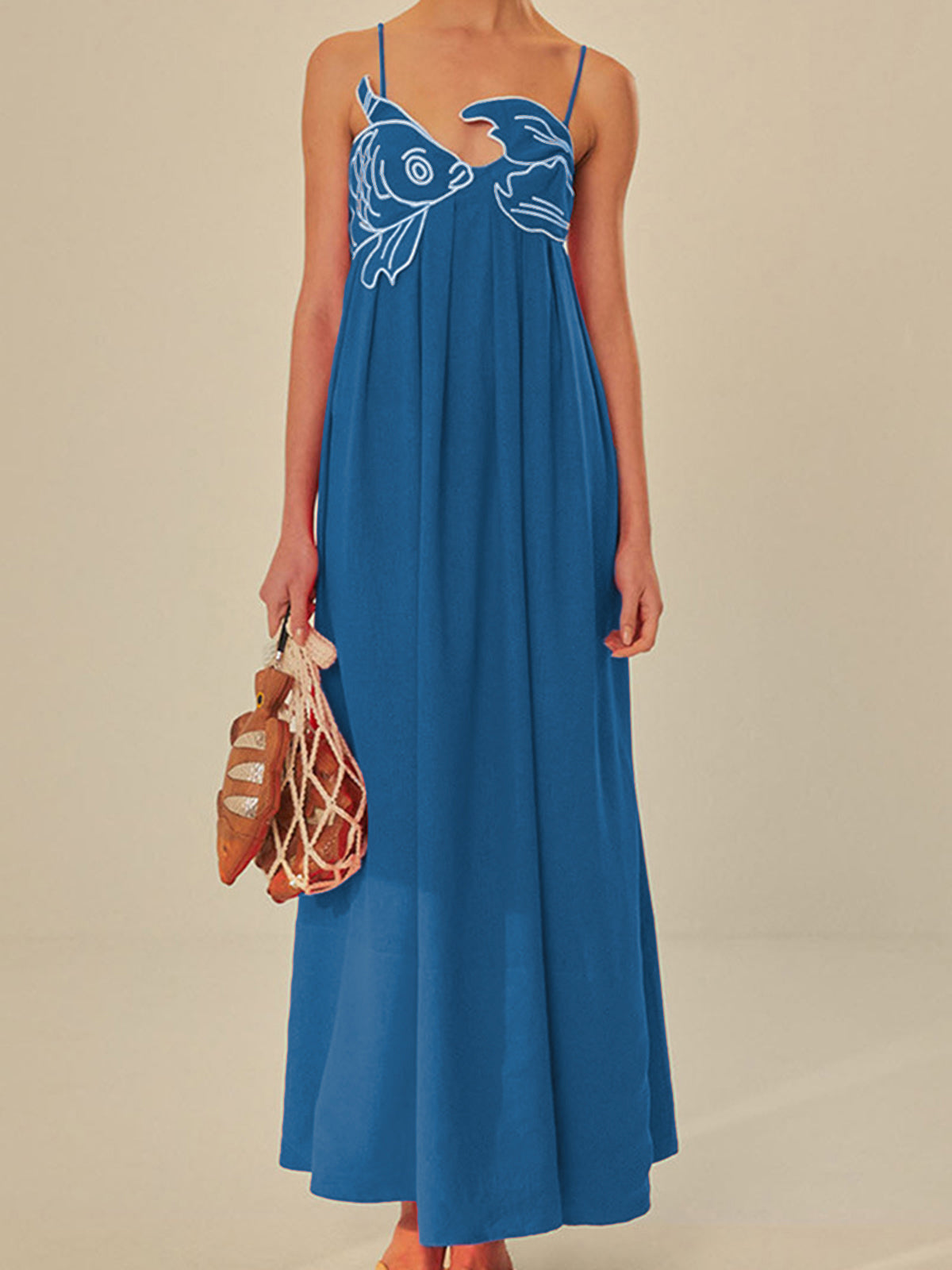 Embroidered Fish Pattern Semi-Sheer Cami Dress