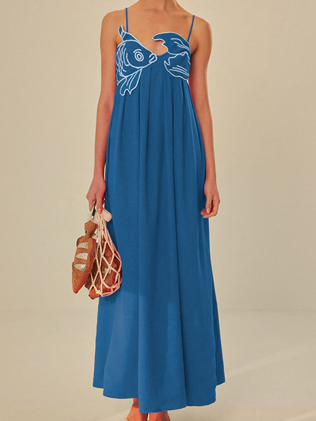 Embroidered Fish Design Semi-Sheer Camisole Dress