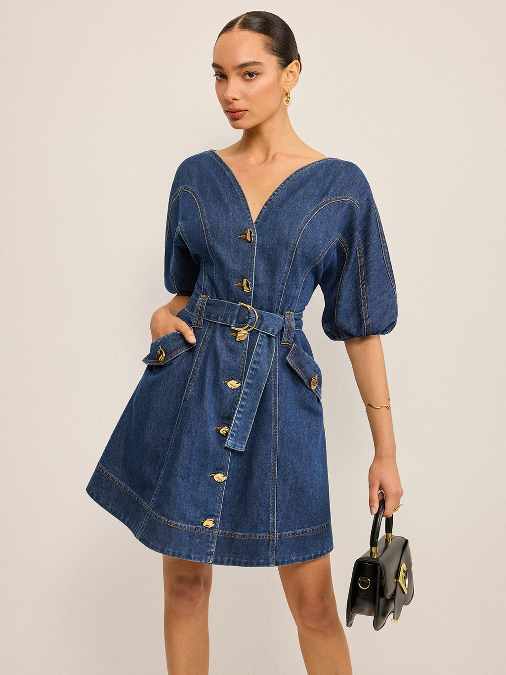Belted Denim Dress with Convenient Pockets