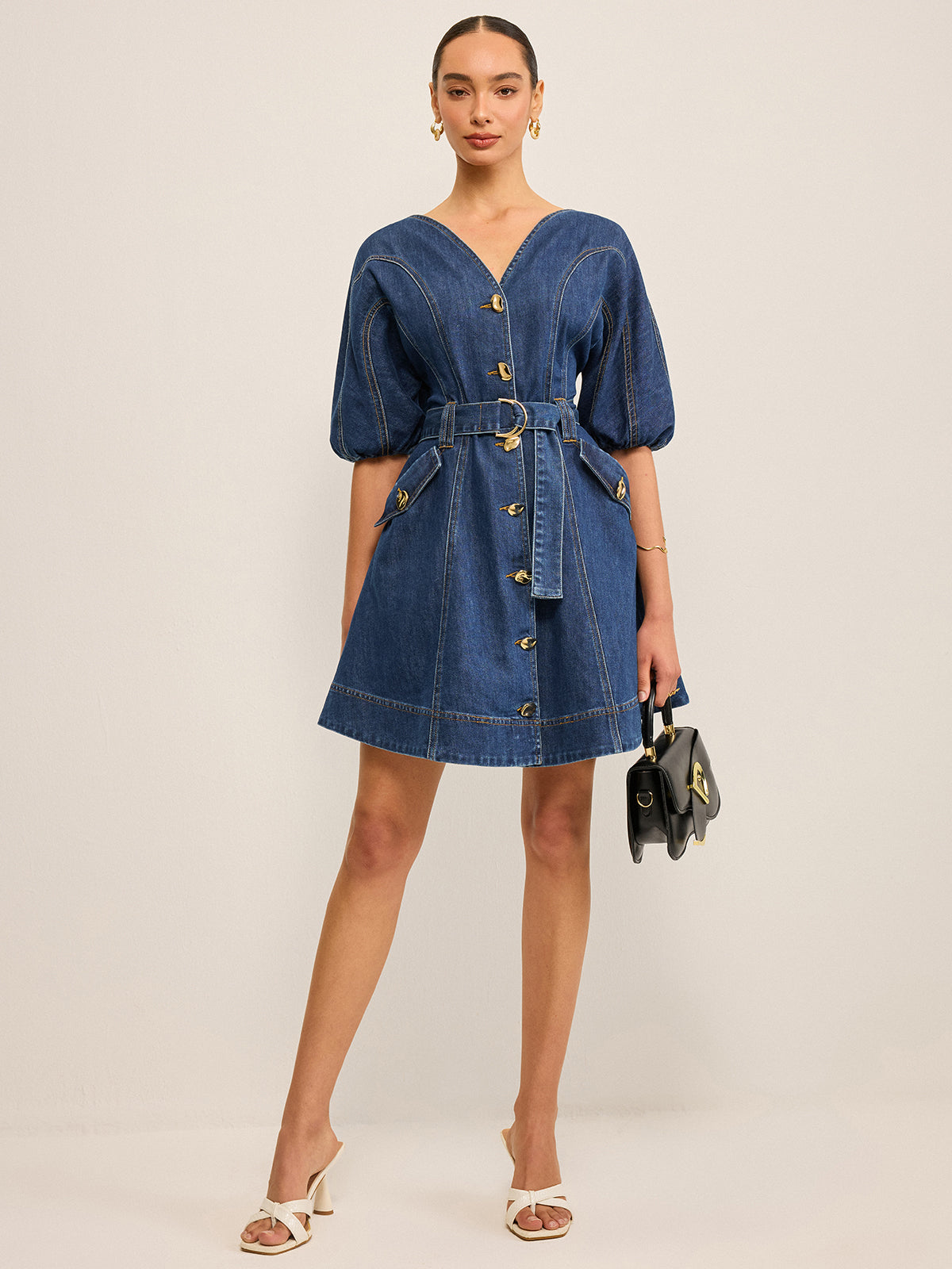 Belted Denim Dress with Pockets