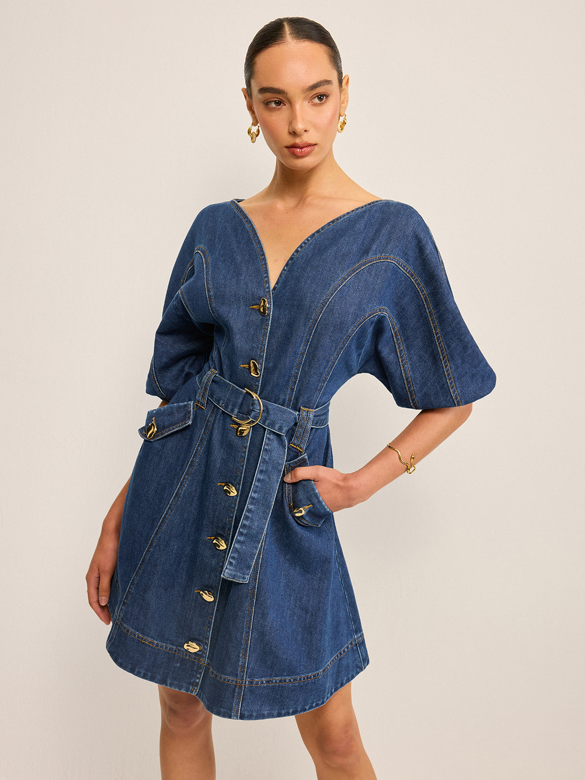 Belted Denim Dress with Convenient Pockets