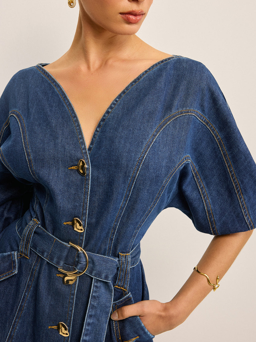 Belted Denim Dress with Convenient Pockets