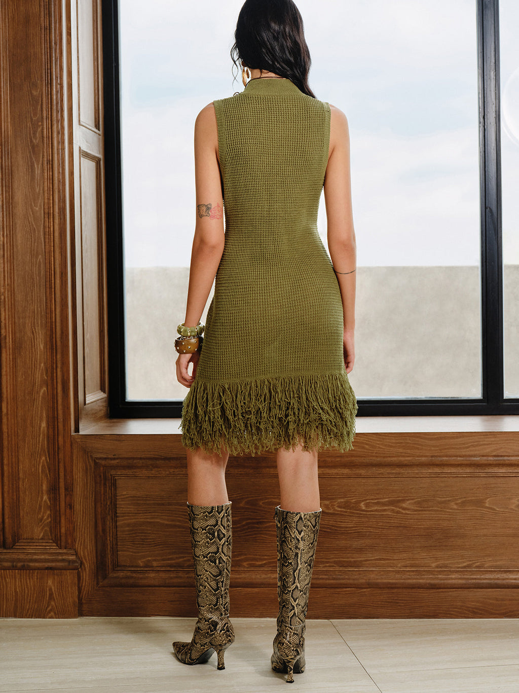 Sleeveless Knit Dress with Fringe Hem Detail