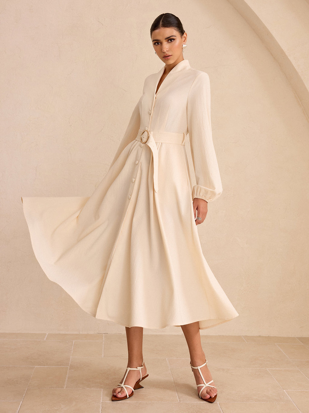 Button-Front Midi Dress with Belt and Long Sleeves