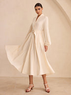 Button-Front Midi Dress with Belt and Long Sleeves