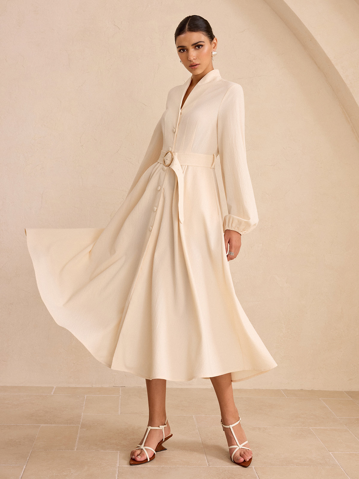 Button-Front Midi Dress with Belt and Long Sleeves