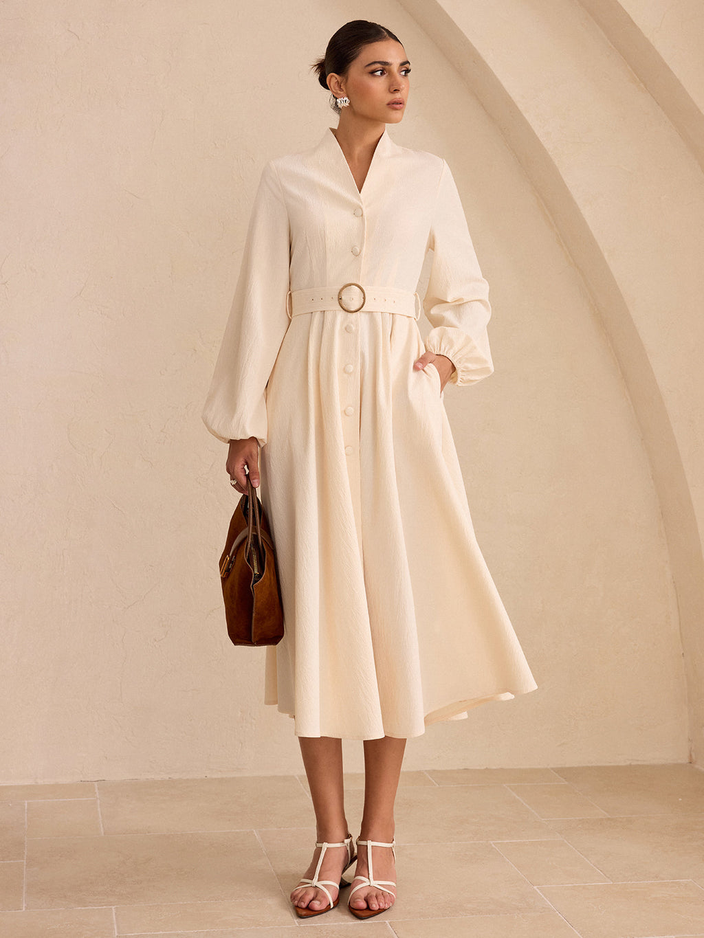 Button-Front Midi Dress with Belt and Long Sleeves
