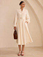 Button-Front Midi Dress with Belt and Long Sleeves