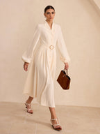 Button-Front Midi Dress with Belt and Long Sleeves